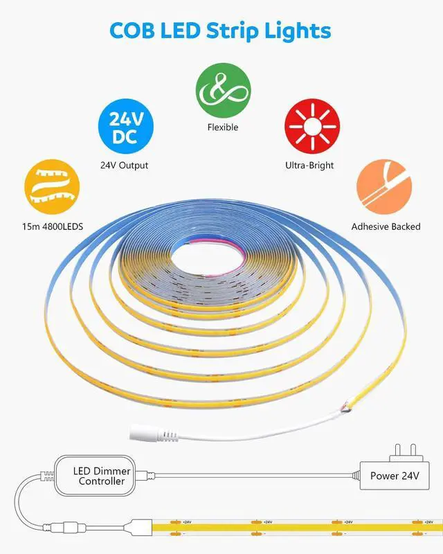 Alt view image 2 of 7 - 50FT LED Strip Lights COB 3000K Warm White Dimmable 24V LED Light Strip Kit High Density Bright Tape Lights with Power Supply for Cabinet Display Home DIY Lighting Projects CRI85+ 320LEDs/M