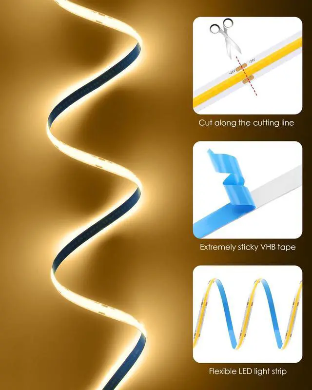 Alt view image 4 of 7 - 50FT LED Strip Lights COB 3000K Warm White Dimmable 24V LED Light Strip Kit High Density Bright Tape Lights with Power Supply for Cabinet Display Home DIY Lighting Projects CRI85+ 320LEDs/M