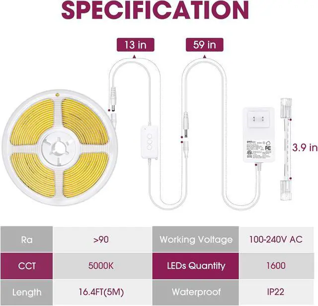 Alt view image 7 of 7 - LED Strip Light Cool White 5000K 16.4ft 24V DC COB Dimmable Tape Lights with RF Controller Premium High Density Power Adapter 1600LEDs Suitable for Bedroom Kitchen Cabinets Indoor Use