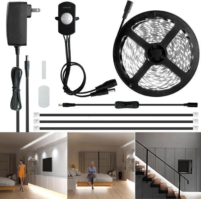 Main image of 19.7ft/6m Motion Activated LED Strip Light Kit with FCC Listed Adapter for Gun Safe Under Cabinet Under Bed Pantry Kitchen Stairway Closet Lighting (Cool White Upgraded Version)