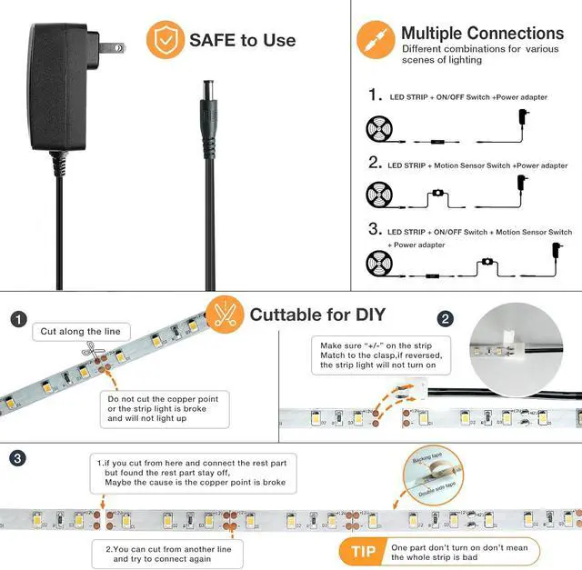Alt view image 5 of 7 - 19.7ft/6m Motion Activated LED Strip Light Kit with FCC Listed Adapter for Gun Safe Under Cabinet Under Bed Pantry Kitchen Stairway Closet Lighting (Cool White Upgraded Version)