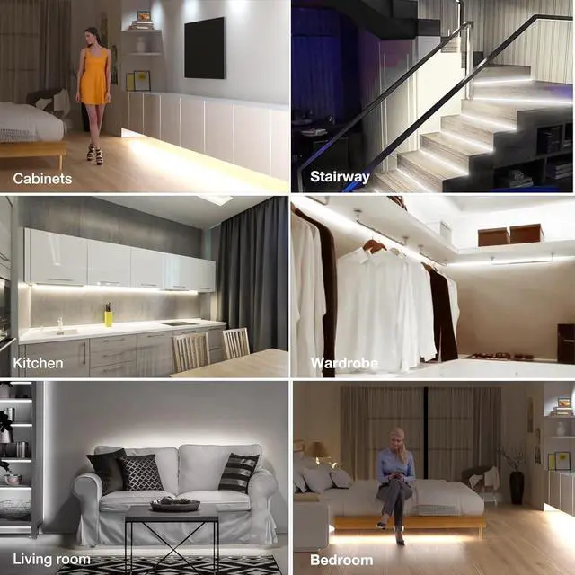 Alt view image 6 of 7 - 19.7ft/6m Motion Activated LED Strip Light Kit with FCC Listed Adapter for Gun Safe Under Cabinet Under Bed Pantry Kitchen Stairway Closet Lighting (Cool White Upgraded Version)