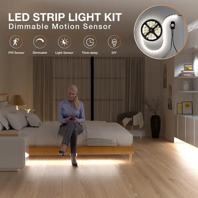 Alt view image 7 of 7 - 19.7ft/6m Motion Activated LED Strip Light Kit with FCC Listed Adapter for Gun Safe Under Cabinet Under Bed Pantry Kitchen Stairway Closet Lighting (Cool White Upgraded Version)