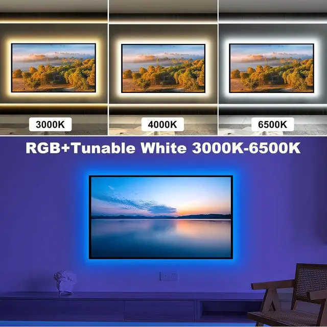 Alt view image 2 of 7 - Bluetooth RGBWW LED Lights for 70-75 Inch TV with App Control RGB+Tunable White 3000K-6500K TV LED Backlight with RF Remote Music Sync Indoor for TV Gaming