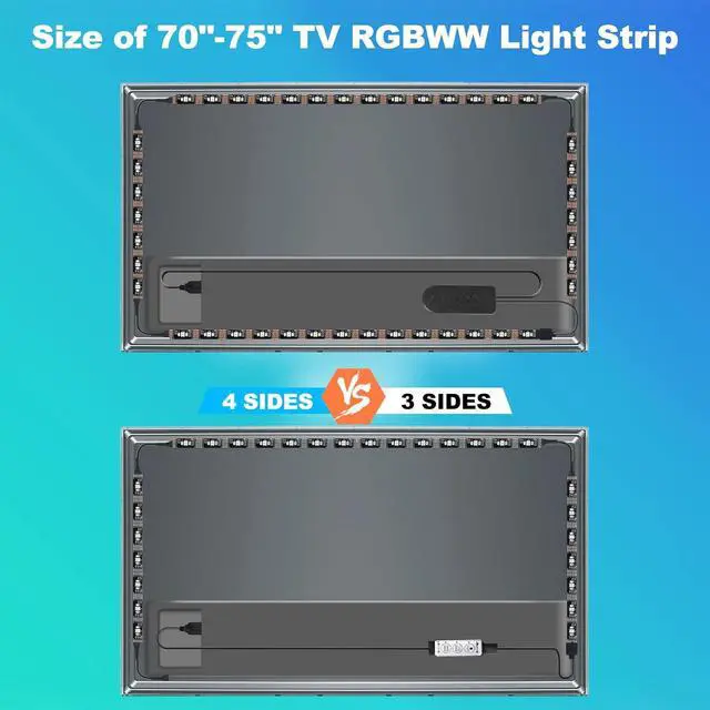 Alt view image 7 of 7 - Bluetooth RGBWW LED Lights for 70-75 Inch TV with App Control RGB+Tunable White 3000K-6500K TV LED Backlight with RF Remote Music Sync Indoor for TV Gaming