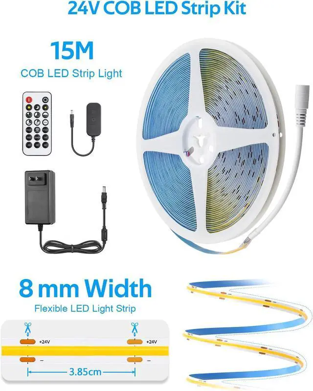 Alt view image 6 of 7 - 50FT LED Strip Lights COB 3000K Warm White Dimmable 24V LED Light Strip Kit High Density Bright Tape Lights with Power Supply for Cabinet Display Home DIY Lighting Projects CRI85+ 320LEDs/M