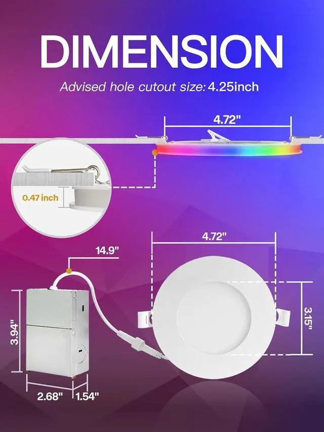 Alt view image 2 of 7 - 12 Pack 4 Inch Smart LED Recessed Lighting with RGB Back Light 9W 850LM Smart LED Recessed Lights with Junction Box 2700K-6000K Color Changing Work with Google Assistant/Siri Hub INCL