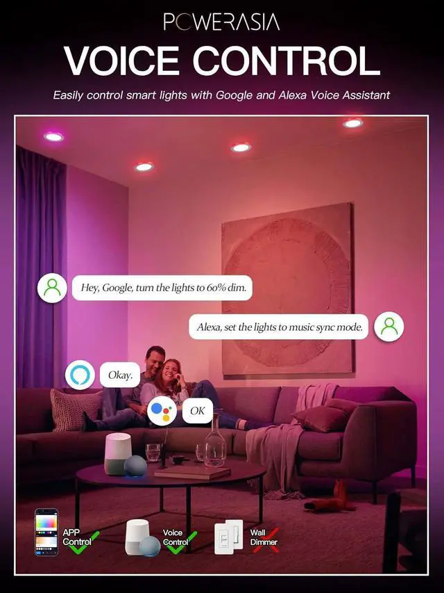 Alt view image 4 of 7 - 12 Pack 4 Inch Smart LED Recessed Lighting with RGB Back Light 9W 850LM Smart LED Recessed Lights with Junction Box 2700K-6000K Color Changing Work with Google Assistant/Siri Hub INCL