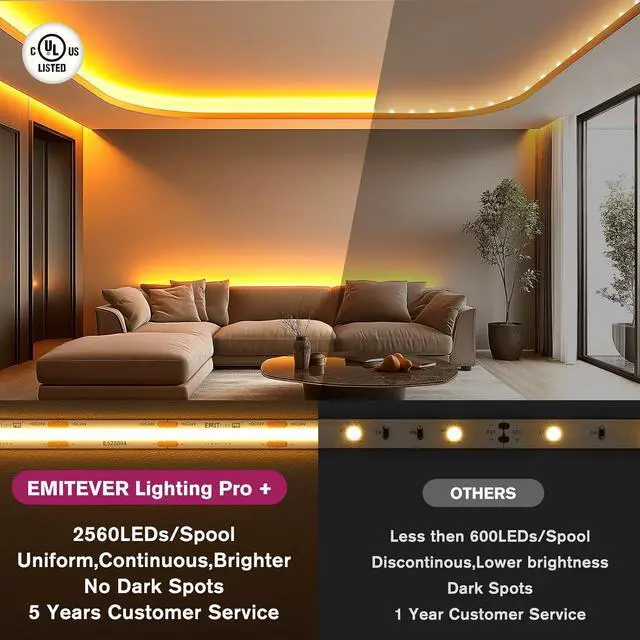 Alt view image 3 of 7 - COB LED Strip Lights Warm White 2700K Tape Light Premium High Density DC 24V 360+Lumens/ft 2560LEDs/Spool Ra 90+ 16.4ft/5m UL Listed 5 Year After-Service (Power Supply Sold Separately)