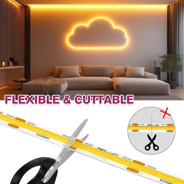 Alt view image 6 of 7 - COB LED Strip Lights Warm White 2700K Tape Light Premium High Density DC 24V 400+Lumens/ft 5120LEDs/Spool Ra 90+ 32.8ft/10m UL Listed 5 Year After-Service(Power Supply Sold Separately)