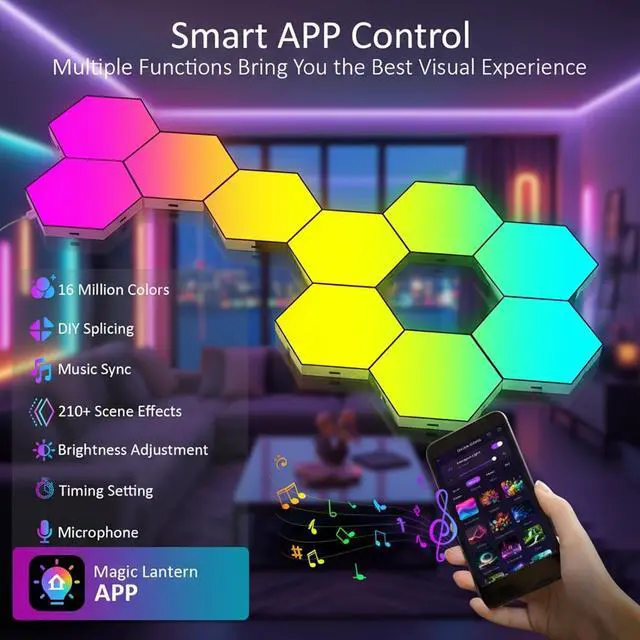 Alt view image 3 of 7 - Hexagon LED Light Panels 8 Pack  Smart RGB Wall Lights with APP & Remote Control  Music Sync Modular Gaming Lights for Bedroom Living Room Wall Decor