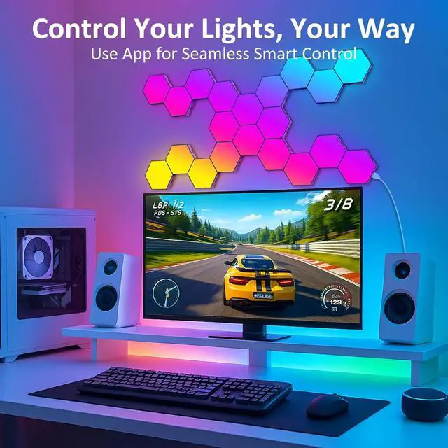 Alt view image 6 of 7 - Hexagon LED Light Panels 8 Pack  Smart RGB Wall Lights with APP & Remote Control  Music Sync Modular Gaming Lights for Bedroom Living Room Wall Decor