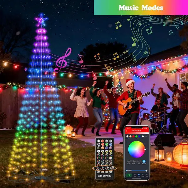 Alt view image 3 of 7 - 8FT Lighted Outdoor Christmas Tree 340 LED Smart Cone Tree Music Sync RGB Fairy Lights LED Light Show APP and Remote Control Timer Function Perfect for Outdoor Christmas Decorations