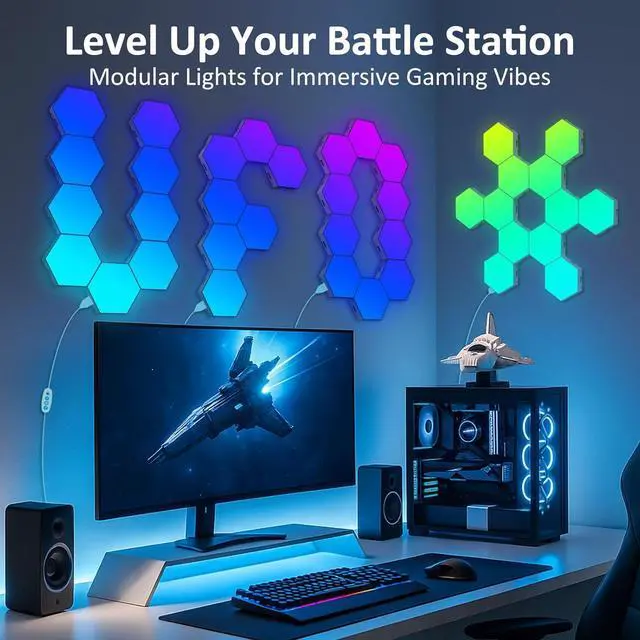 Alt view image 5 of 7 - Hexagon LED Light Panels 8 Pack  Smart RGB Wall Lights with APP & Remote Control  Music Sync Modular Gaming Lights for Bedroom Living Room Wall Decor