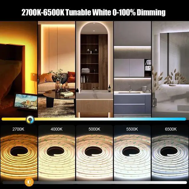 Alt view image 4 of 7 - COB LED Strip Light Warm White to Cool 2700K-6500K 16.4ft Bright White COB Light Strip with Remote & App 24V UL Listed 3200LEDs COB Led Lights for Under Cabinet Kitchen Indoor Lighting