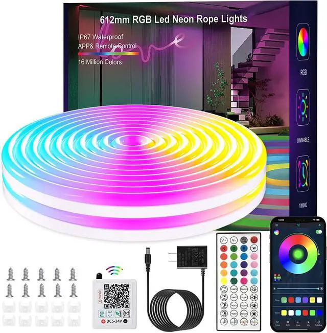 Main image of 16.4FT Neon Rope Lights RGB LED Strip Lights App Control IR Remote Music Syncing Outdoor IP67 Waterproof Flexible Led Rope Lights Cuttable for Bedroom Gaming Party Outdoors Decor
