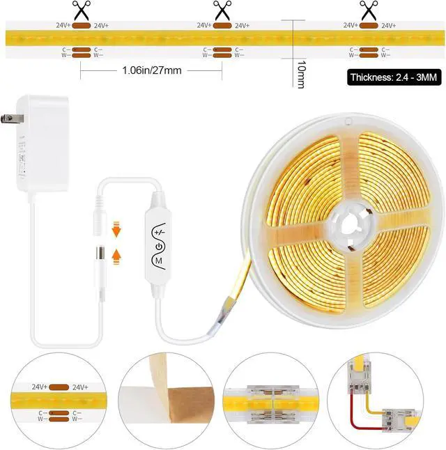 Alt view image 6 of 7 - COB LED Strip Light Warm White to Cool 2700K-6500K 16.4ft Bright White COB Light Strip with Remote & App 24V UL Listed 3200LEDs COB Led Lights for Under Cabinet Kitchen Indoor Lighting