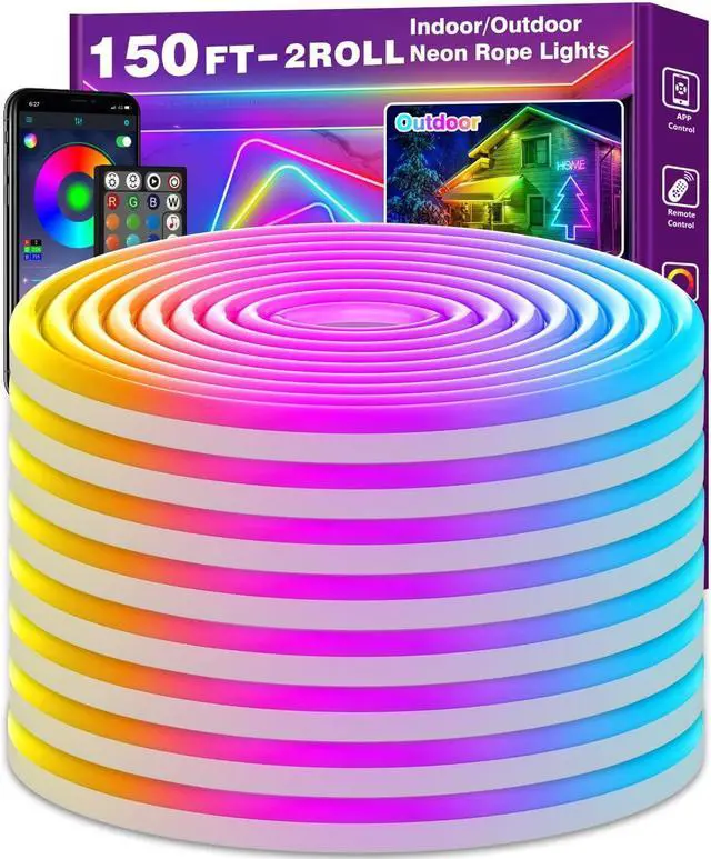 150Ft Neon Rope Lights Flexible Led Rope Lights Control with App/Remote Multiple Modes Light IP65 Outdoor RGB Led Light Waterproof (150Ft Neon Rope Lights)