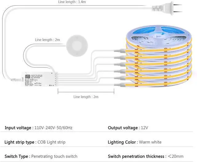 Alt view image 4 of 7 - COB LED Strip Lights 12V Penetrable Wood Touch Dimmable LED Under Cabinet Light Kit with 60W Adapter 2M/6.56FT Flexible COB LED Strip for DIY Kitchen Cabinet Counter Shelf Showcase Decor