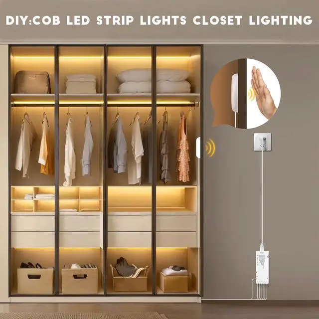 Alt view image 6 of 7 - COB LED Strip Lights 12V Penetrable Wood Touch Dimmable LED Under Cabinet Light Kit with 60W Adapter 2M/6.56FT Flexible COB LED Strip for DIY Kitchen Cabinet Counter Shelf Showcase Decor