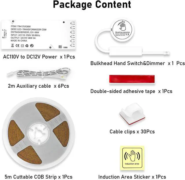 Alt view image 2 of 7 - Under Cabinet COB Led Light Strip kit 16.4ft/5m Cuttable 3000K Diffused Power with 6 Output Ports Touch Switch&Dimmer Strip for Gun Safe Case Book Shelf Floating Shelf Wall Panel Home Decor