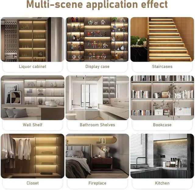 Alt view image 6 of 7 - Under Cabinet COB Led Light Strip kit 16.4ft/5m Cuttable 3000K Diffused Power with 6 Output Ports Touch Switch&Dimmer Strip for Gun Safe Case Book Shelf Floating Shelf Wall Panel Home Decor