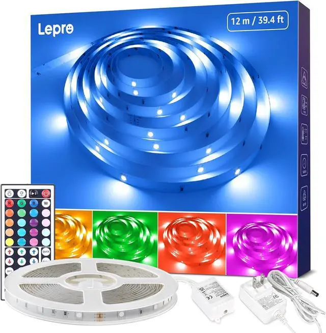 Main image of LED Strip Lights 39.4Ft RGB LED Strips 5050 SMD LED Color Changing Strip Light with 44 Keys Remote Controller and 24V Power Supply Ideal for Christmas Decorations Bedroom Home TV Backlight