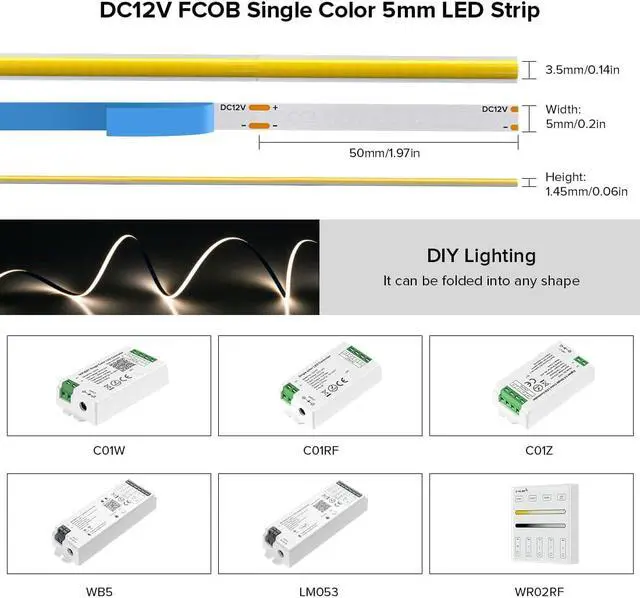 Alt view image 3 of 7 - FCOB COB LED Strip 5mm Width Super Narrow Flexible High Density Uniform light 16.4FT DC12V Daylight White 6000K CRI 90+ Dimmable LED Ribbon for Home Indoor Decor(No Controller or Adapter)