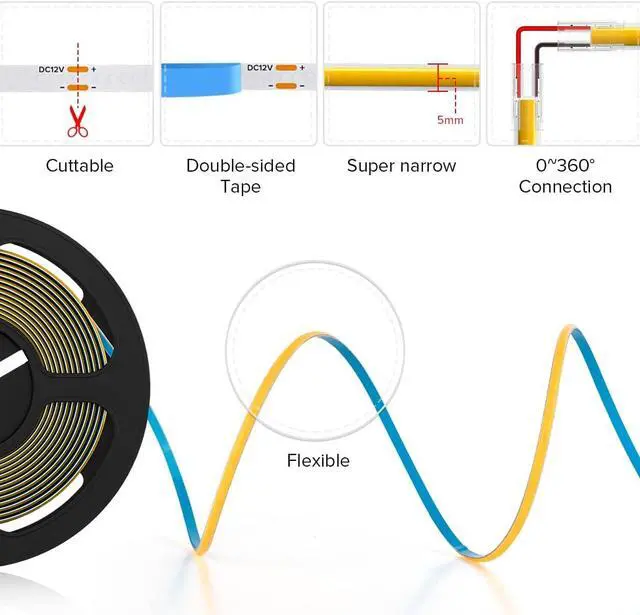 Alt view image 7 of 7 - FCOB COB LED Strip 5mm Width Super Narrow Flexible High Density Uniform light 16.4FT DC12V Daylight White 6000K CRI 90+ Dimmable LED Ribbon for Home Indoor Decor(No Controller or Adapter)