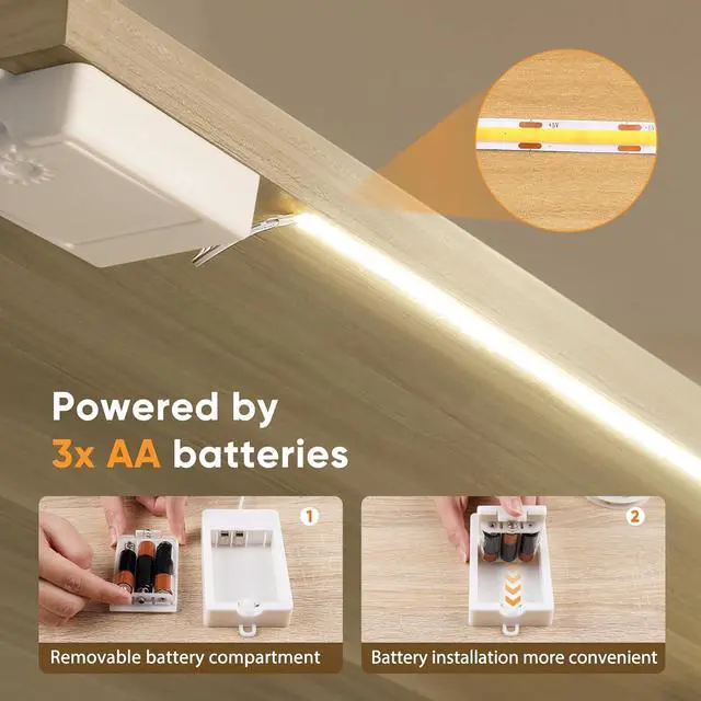 Alt view image 2 of 7 - 3 Pack COB LED Strip Lights 3.3ft 320 LEDs Battery Powered LED Strip Lights Flexible Cuttable light strips for Shelves Under Cabinet Lighting Closet Cordless Click Light 4000K Natural White