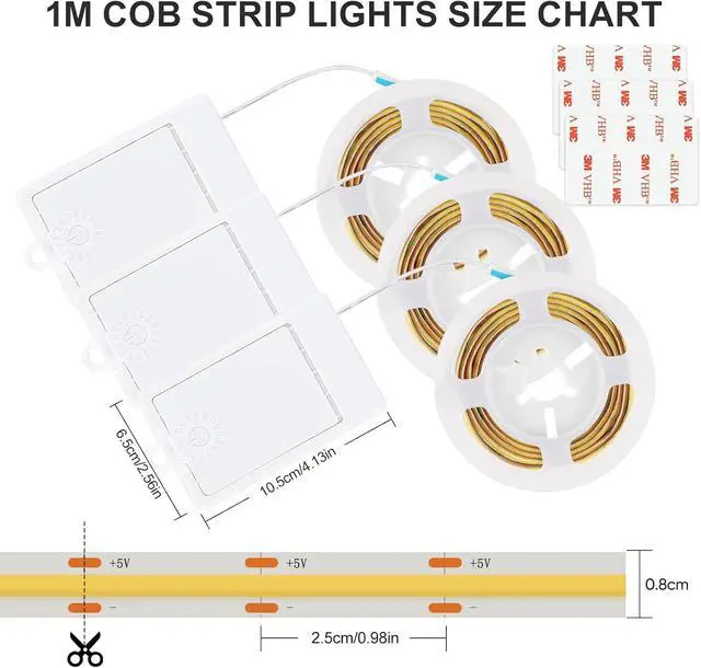 Alt view image 6 of 7 - 3 Pack COB LED Strip Lights 3.3ft 320 LEDs Battery Powered LED Strip Lights Flexible Cuttable light strips for Shelves Under Cabinet Lighting Closet Cordless Click Light 4000K Natural White