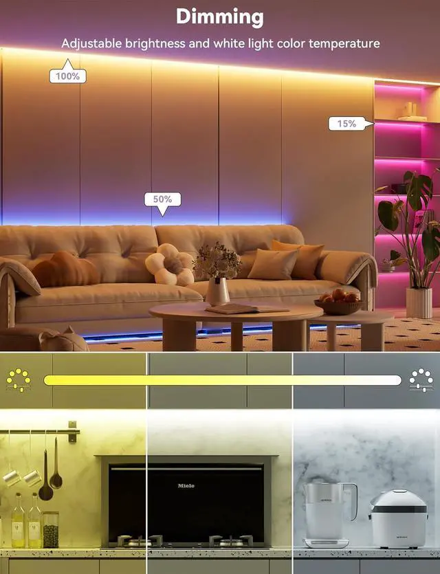 Alt view image 4 of 7 - 5V USB RGB COB LED Strip Light 9.84ft/3m Tape Lights RF & App Control Music Sync Ultra Bright Color Changing Lighting UL-Listed Cuttable & Flexible for Bedroom Kitchen Desk Party Home Decor