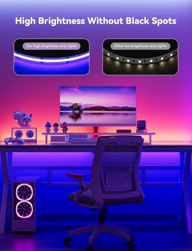 Alt view image 2 of 7 - 5V USB RGB COB LED Strip Light 9.84ft/3m Tape Lights RF & App Control Music Sync Ultra Bright Color Changing Lighting UL-Listed Cuttable & Flexible for Bedroom Kitchen Desk Party Home Decor