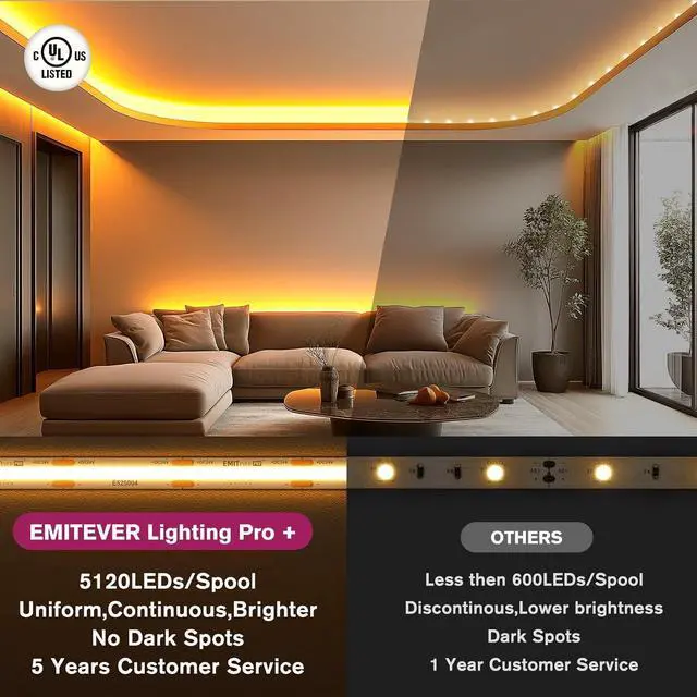 Alt view image 3 of 7 - COB LED Strip Lights Warm White 2700K Tape Light Premium High Density DC 24V 400+Lumens/ft 5120LEDs/Spool Ra 90+ 32.8ft/10m UL Listed 5 Year After-Service(Power Supply Sold Separately)
