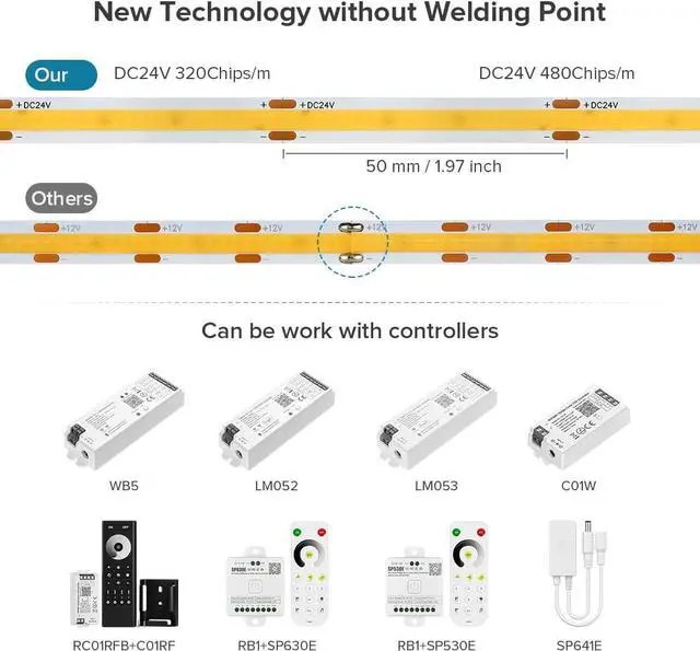 Alt view image 5 of 7 - COB LED Strip Light 32.8FT Flexible High Density Uniform Cob Strips 24V Natural White 4000K 480LEDs/m CRI 90+ Dimmable 8mm LED Tape Lights for Under Cabinet No Power/Controller