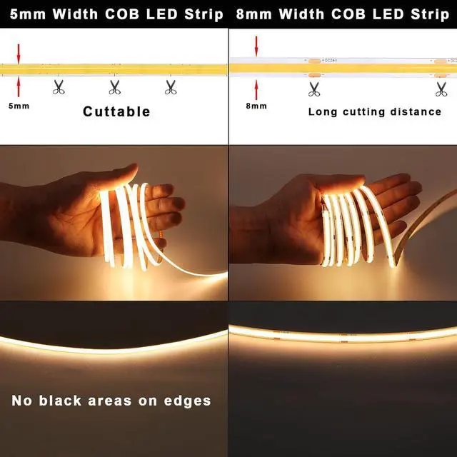 Alt view image 3 of 7 - 12V Thin 5mm COB LED Strip Light 3000K Warm White 16.4ft Bright 4000Lm CRI>90 Uniform Dotless 400LEDs/M Adhesive Flexible Cuttable LED Tape for DIY Bedroom Under Cabinet Lighting