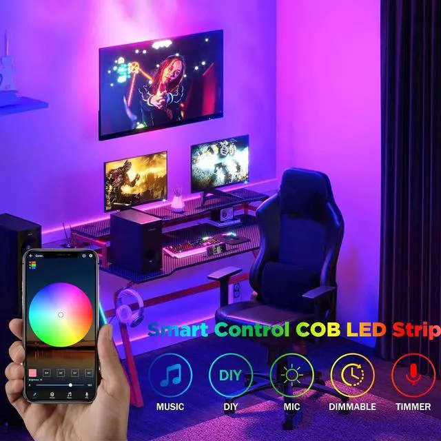 Alt view image 2 of 7 - USB RGB COB LED Strip Lights 4.92ft 5V Color Changing Strip Light Smart Light Strips APP Control Music Sync Led Light Strip Multi-Color Led Tape Light with Remote for Room Home Indoor Decoration