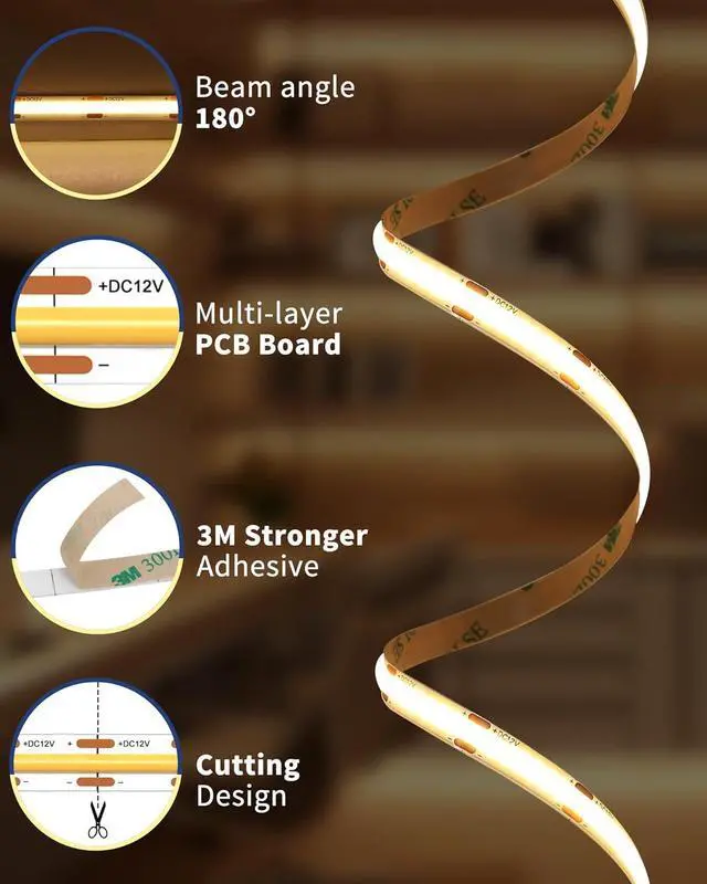 Alt view image 5 of 7 - COB LED Strip Lights 16.4ft 3000K Warm White DC 12V Dimmable Tape Light Ra 95+ 150+LM/FT 98 LEDs/ft 2.2W/ft 1600 LEDs UL Listed for Cabinets Bedroom(Power Supply Sold Separately)