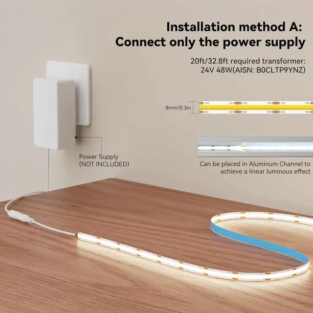 Alt view image 7 of 7 - COB LED Strip 20ft/6.1m CRI 90+ Natural White 4000K High Lumen Super Bright Flexible DC24V LED Tape Light for Cabinet Home Office DIY Lighting Projects(Adapter&Controller NOT Included)