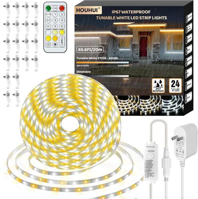 Main image of Outdoor White LED Strip Lights Waterproof 65.6Ft 2700K-6500K Warm to Cool White LED Light Strip with Remote Tunable White LED Tape Lights IP67 Waterproof for Bedroom Kitchen Backyard RV Patio