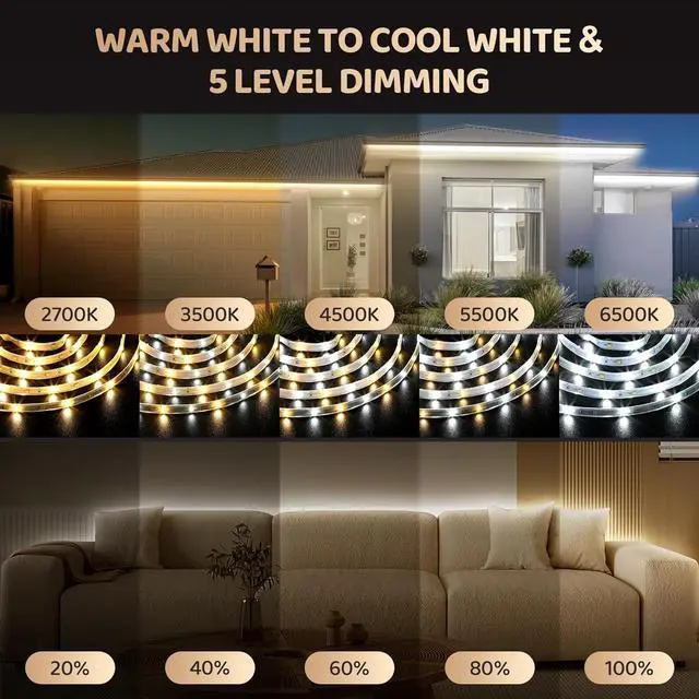 Alt view image 3 of 7 - Outdoor White LED Strip Lights Waterproof 65.6Ft 2700K-6500K Warm to Cool White LED Light Strip with Remote Tunable White LED Tape Lights IP67 Waterproof for Bedroom Kitchen Backyard RV Patio