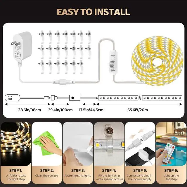 Alt view image 6 of 7 - Outdoor White LED Strip Lights Waterproof 65.6Ft 2700K-6500K Warm to Cool White LED Light Strip with Remote Tunable White LED Tape Lights IP67 Waterproof for Bedroom Kitchen Backyard RV Patio
