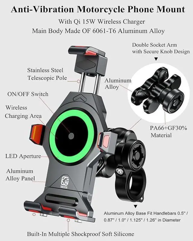 Alt view image 2 of 7 - Aluminum Alloy Motorcycle Phone Mount with Qi 15W Wireless Charger & Vibration Dampener, Anti-Theft Waterproof Motorcycle Handlebar Cellphone Holder, Adjustable Fit 4.7''-7.2'' Smartphones