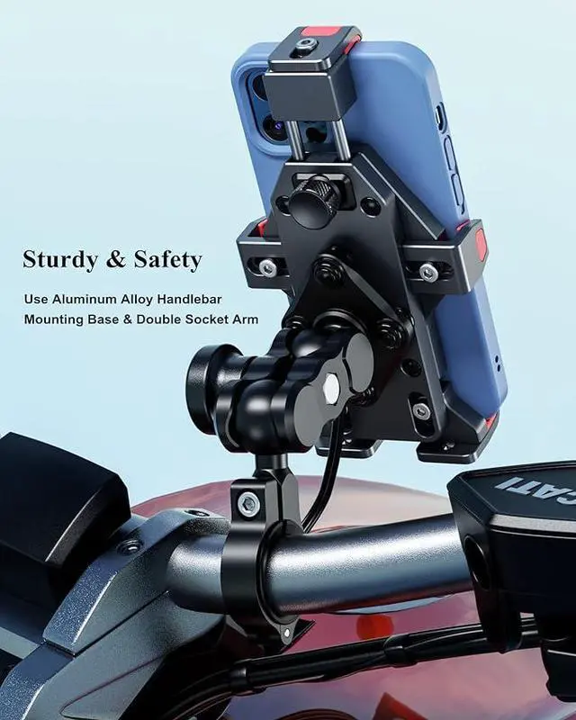Alt view image 3 of 7 - Aluminum Alloy Motorcycle Phone Mount with Qi 15W Wireless Charger & Vibration Dampener, Anti-Theft Waterproof Motorcycle Handlebar Cellphone Holder, Adjustable Fit 4.7''-7.2'' Smartphones