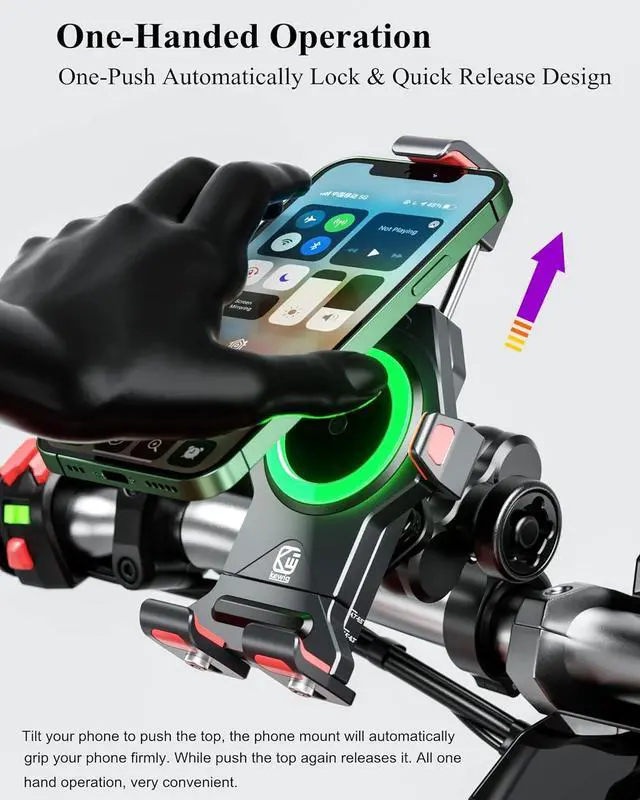 Alt view image 6 of 7 - Aluminum Alloy Motorcycle Phone Mount with Qi 15W Wireless Charger & Vibration Dampener, Anti-Theft Waterproof Motorcycle Handlebar Cellphone Holder, Adjustable Fit 4.7''-7.2'' Smartphones