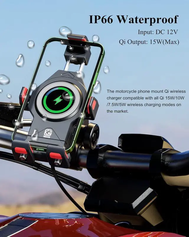 Alt view image 7 of 7 - Aluminum Alloy Motorcycle Phone Mount with Qi 15W Wireless Charger & Vibration Dampener, Anti-Theft Waterproof Motorcycle Handlebar Cellphone Holder, Adjustable Fit 4.7''-7.2'' Smartphones