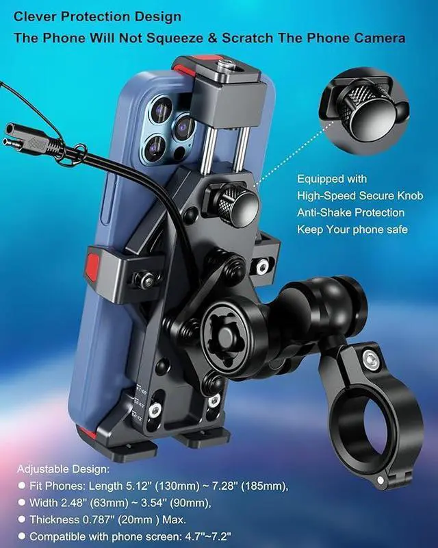 Alt view image 5 of 7 - Aluminum Alloy Motorcycle Phone Mount with Qi 15W Wireless Charger & Vibration Dampener, Anti-Theft Waterproof Motorcycle Handlebar Cellphone Holder, Adjustable Fit 4.7''-7.2'' Smartphones