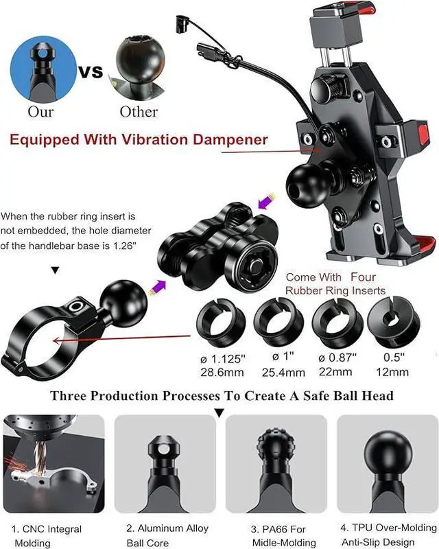 Alt view image 4 of 7 - Aluminum Alloy Motorcycle Phone Mount with Qi 15W Wireless Charger & Vibration Dampener, Anti-Theft Waterproof Motorcycle Handlebar Cellphone Holder, Adjustable Fit 4.7''-7.2'' Smartphones