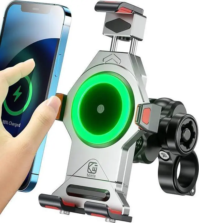 Main image of Aluminum Alloy Motorcycle Phone Mount with Qi 15W Wireless Charger & Vibration Dampener, Anti-Theft Waterproof Motorcycle Handlebar Cellphone Holder, Adjustable Fit 4.7''-7.2'' Smartphones