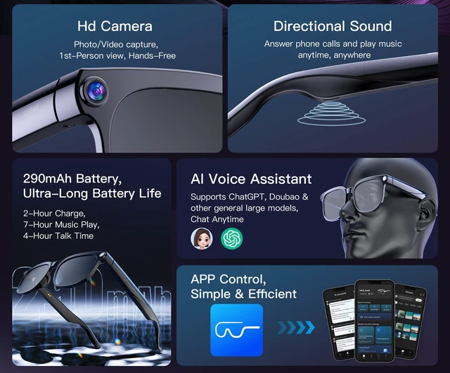 Alt view image 2 of 7 - Pack 2pcs AI Smart glasses with 8MP camera for taking photos and recording, AI translation, Bluetooth music, ENC callsAides